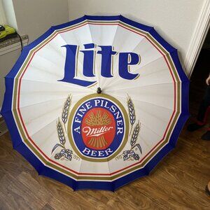 Miller Lite Beer Logo Wooden Handle Large Umbrella Parasol 50 In Dia
